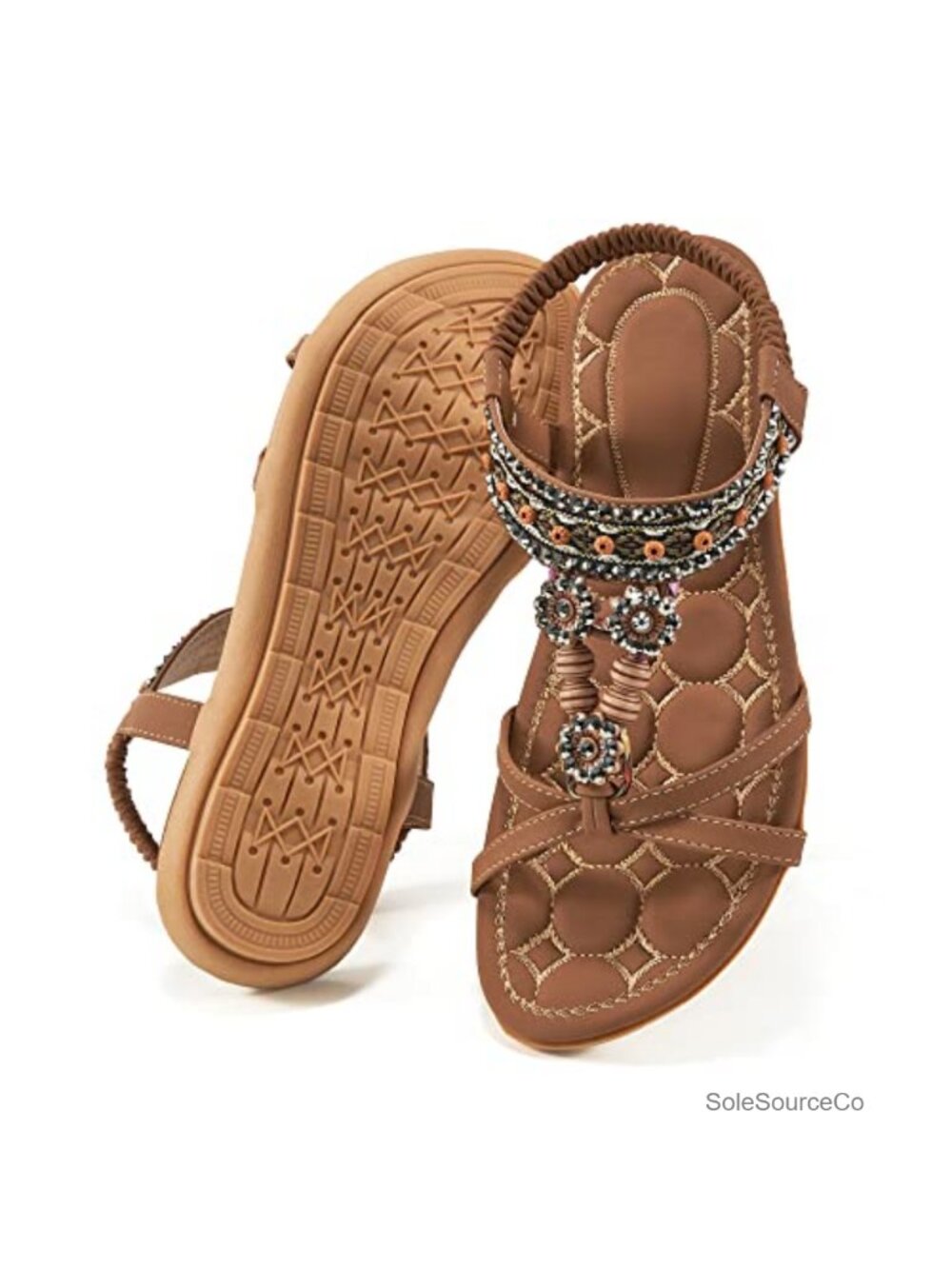 Bohemian Flat Sandals with Rhinestones Elastic Ankle Strap Comfortable Walking